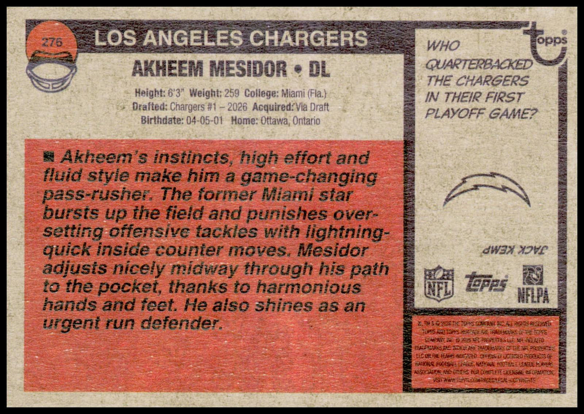 2026 Topps Heritage Akheem Mesidor Card RC Los Angeles Chargers