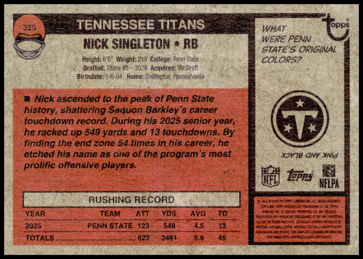 2026 Topps Heritage Nick Singleton Card RC Tennessee Titans