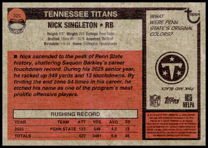 2026 Topps Heritage Nick Singleton Card RC Tennessee Titans
