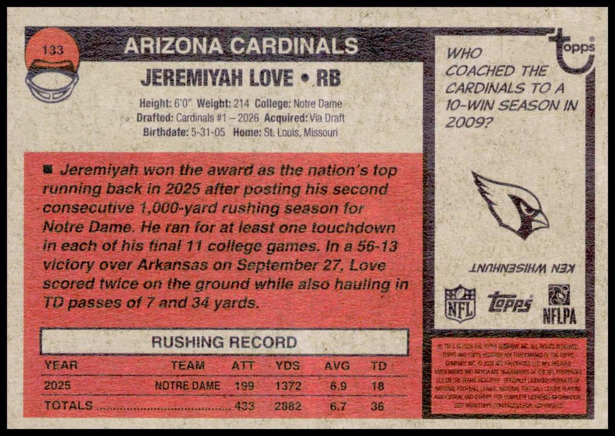 2026 Topps Heritage Jeremiyah Love Card RC Arizona Cardinals