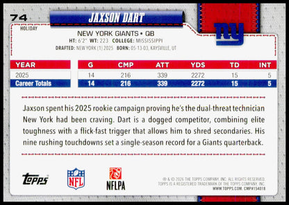 2026 Topps Holiday Jaxson Dart Card New York Giants