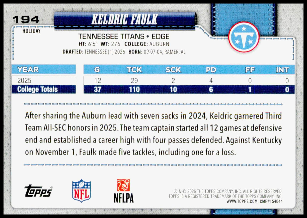 2026 Topps Holiday Keldric Faulk Card RC Tennessee Titans