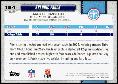 2026 Topps Holiday Keldric Faulk Card RC Tennessee Titans