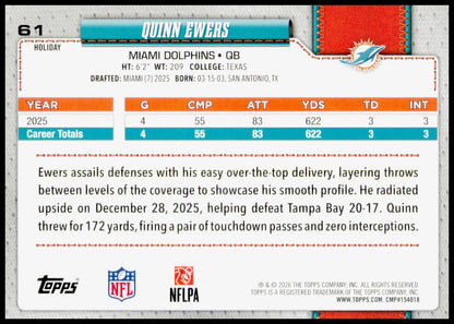 2026 Topps Holiday Quinn Ewers Card Miami Dolphins