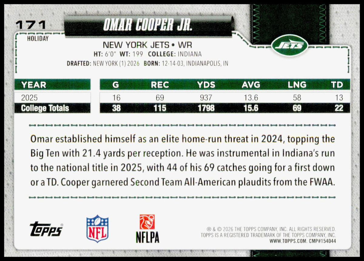 2026 Topps Holiday Omar Cooper Jr. Card RC New York Jets