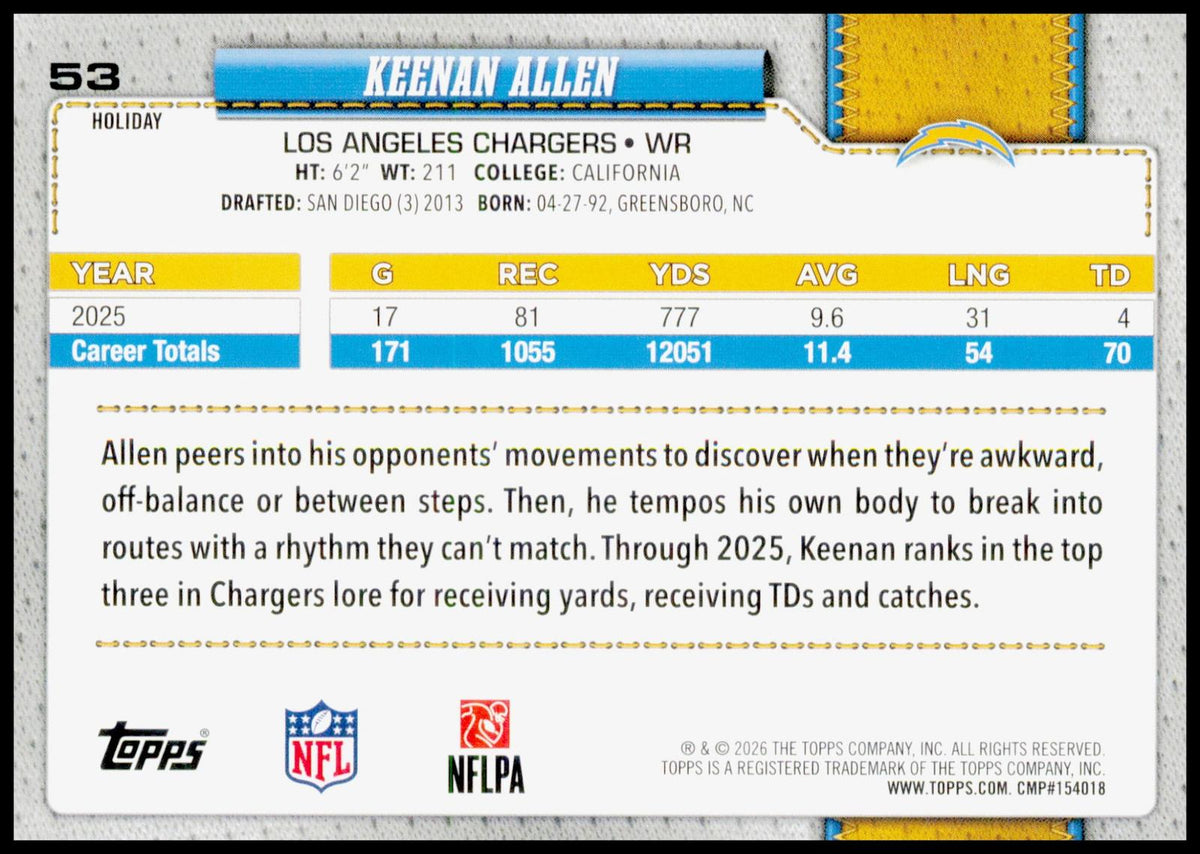 2026 Topps Holiday Keenan Allen Card Los Angeles Chargers
