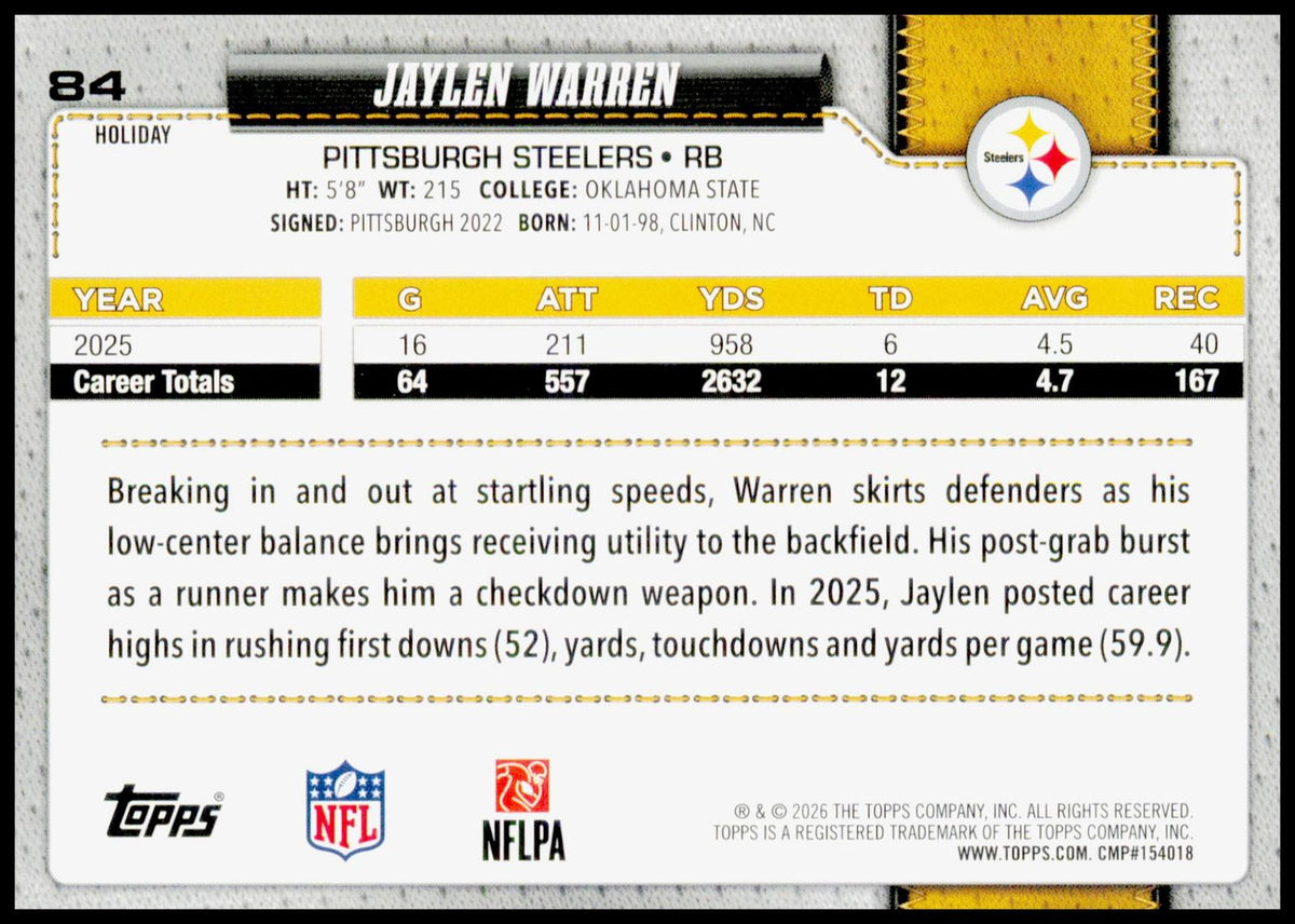 2026 Topps Holiday Jaylen Warren Card Pittsburgh Steelers
