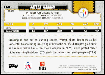 2026 Topps Holiday Jaylen Warren Card Pittsburgh Steelers