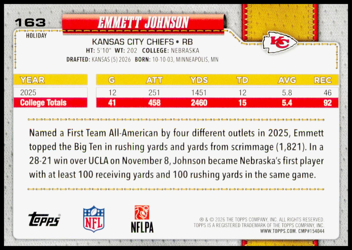2026 Topps Holiday Emmett Johnson Card RC Kansas City Chiefs