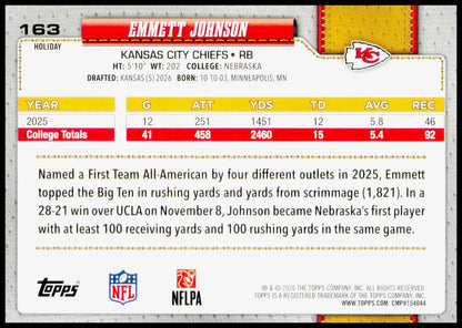 2026 Topps Holiday Emmett Johnson Card RC Kansas City Chiefs
