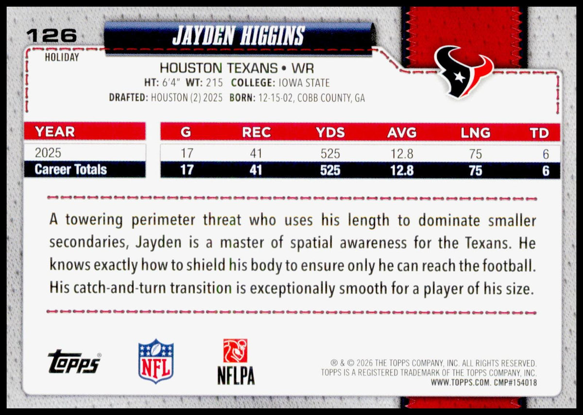 2026 Topps Holiday Jayden Higgins Card Houston Texans