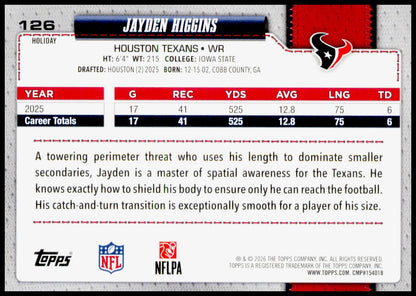 2026 Topps Holiday Jayden Higgins Card Houston Texans