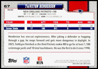 2026 Topps Holiday TreVeyon Henderson Card New England Patriots