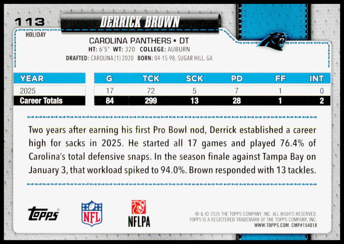 2026 Topps Holiday Derrick Brown Card Carolina Panthers