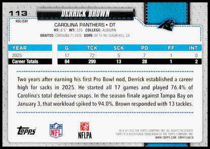 2026 Topps Holiday Derrick Brown Card Carolina Panthers