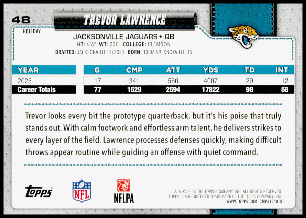 2026 Topps Holiday Trevor Lawrence Card Jacksonville Jaguars