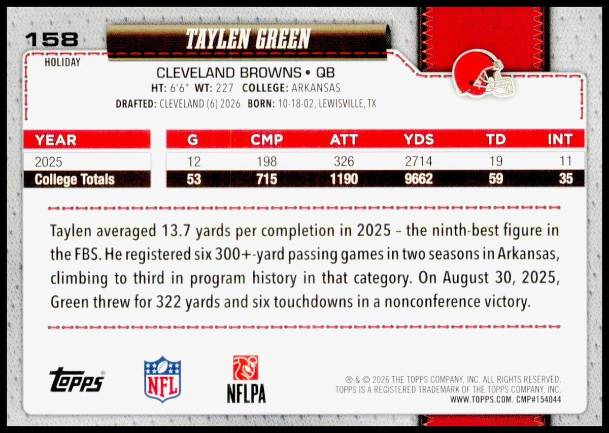 2026 Topps Holiday Taylen Green Card RC Cleveland Browns