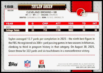 2026 Topps Holiday Taylen Green Card RC Cleveland Browns
