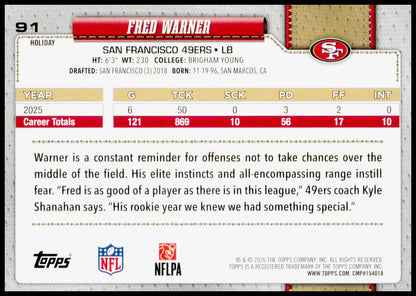 2026 Topps Holiday Fred Warner Card San Francisco 49ers