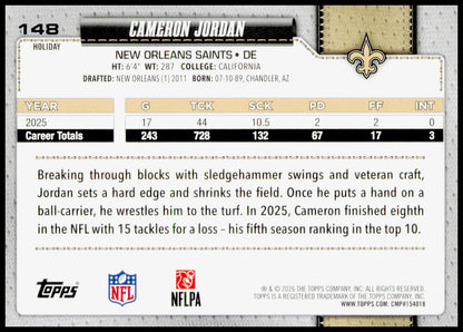 2026 Topps Holiday Cameron Jordan Card New Orleans Saints
