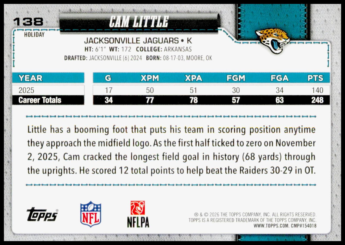 2026 Topps Holiday Cam Little Card Jacksonville Jaguars