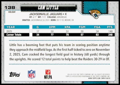 2026 Topps Holiday Cam Little Card Jacksonville Jaguars