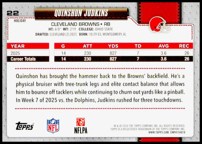 2026 Topps Holiday Quinshon Judkins Card Cleveland Browns