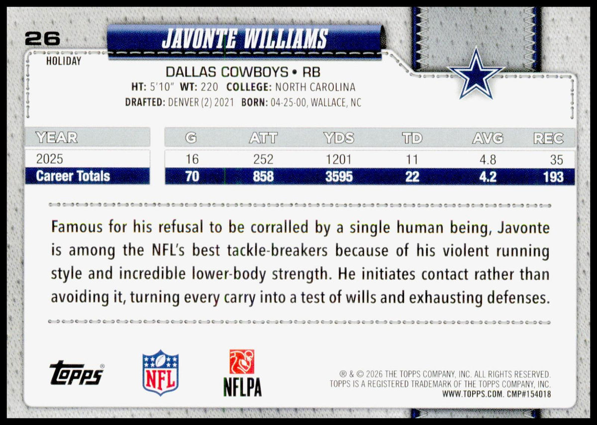 2026 Topps Holiday Javonte Williams #26 Dallas Cowboys RB