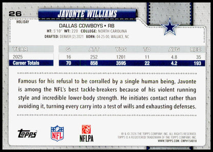2026 Topps Holiday Javonte Williams #26 Dallas Cowboys RB