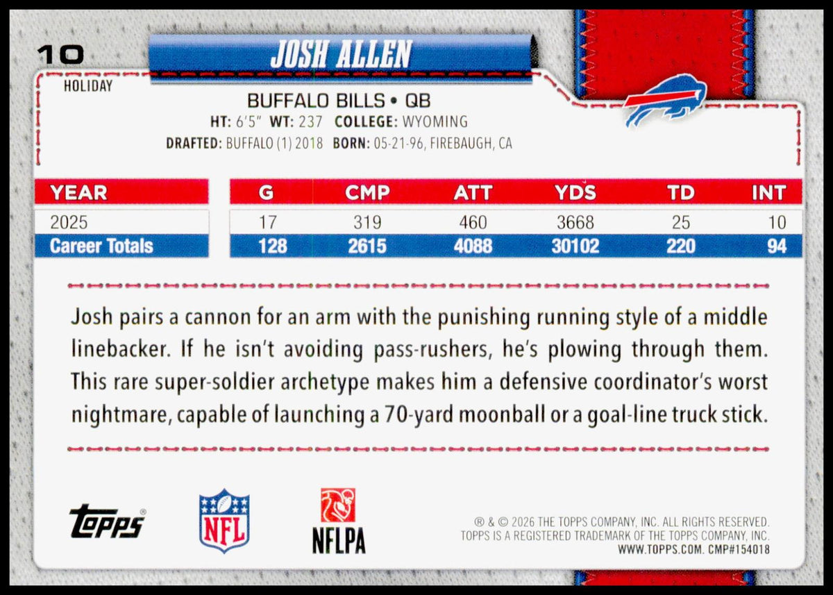 2026 Topps Holiday Josh Allen #10 Buffalo Bills QB Star