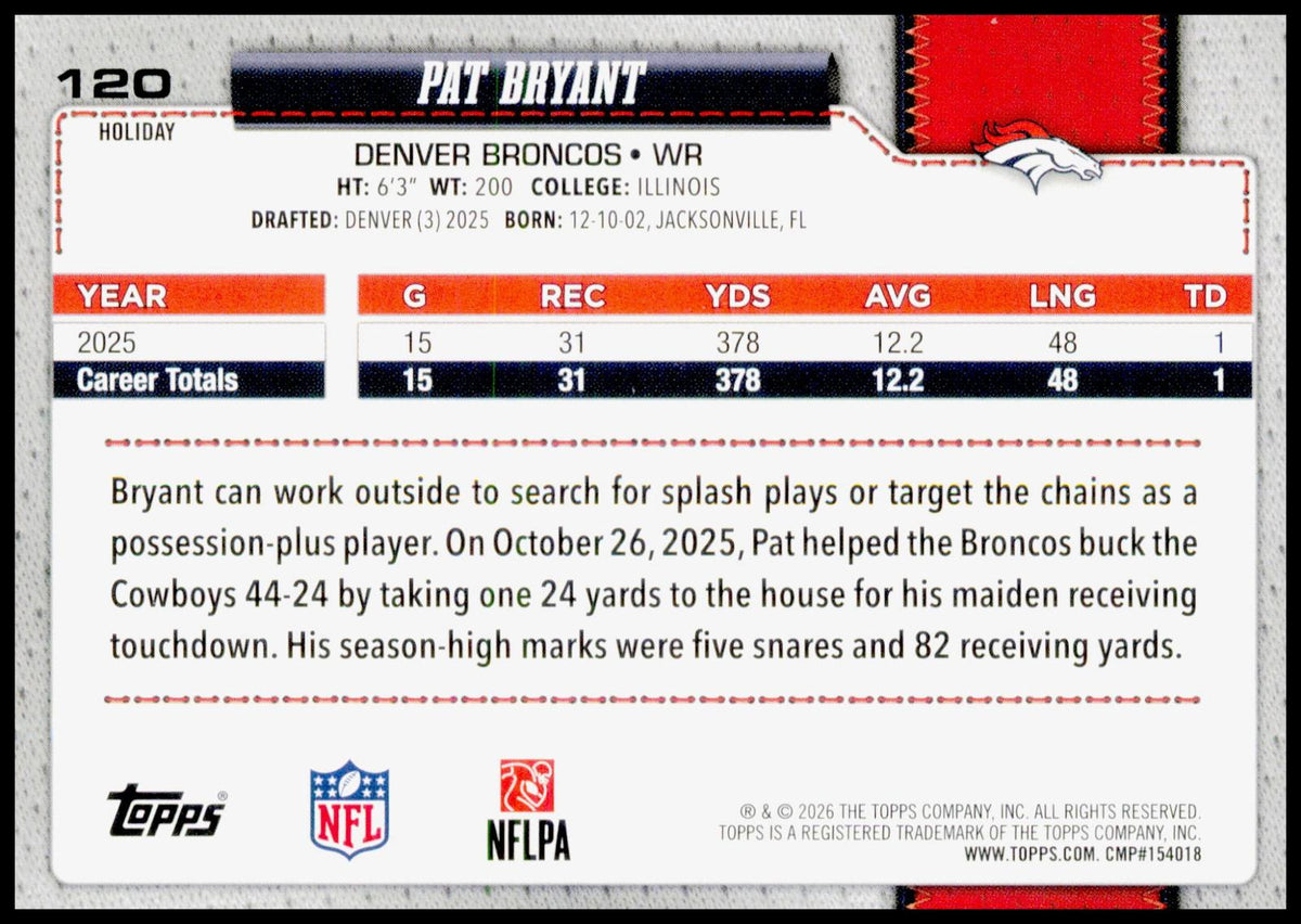 2026 Topps Holiday Pat Bryant Denver Broncos WR