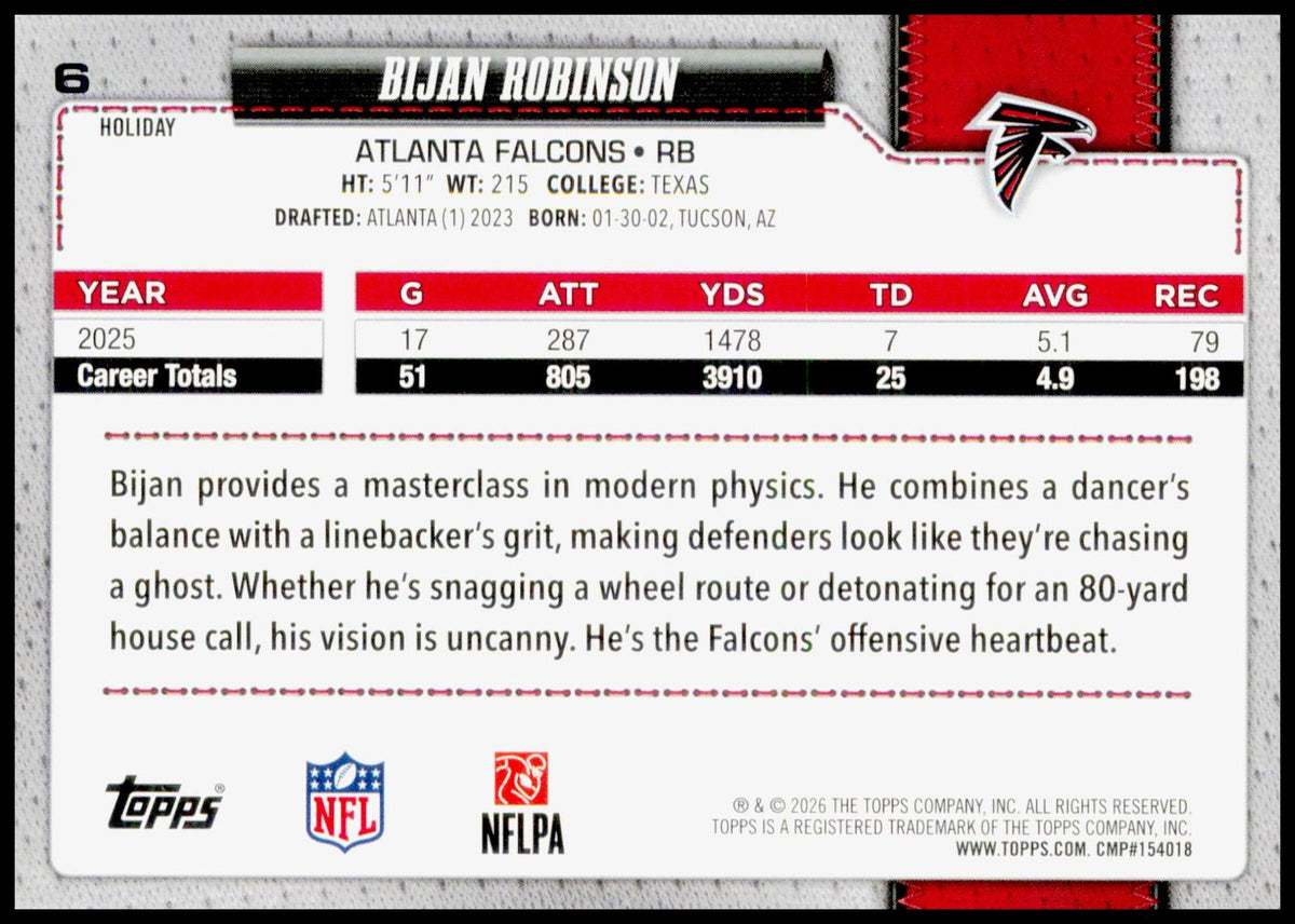 2026 Topps Holiday Bijan Robinson #6 Atlanta Falcons RB