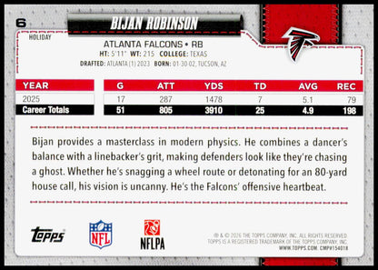 2026 Topps Holiday Bijan Robinson #6 Atlanta Falcons RB
