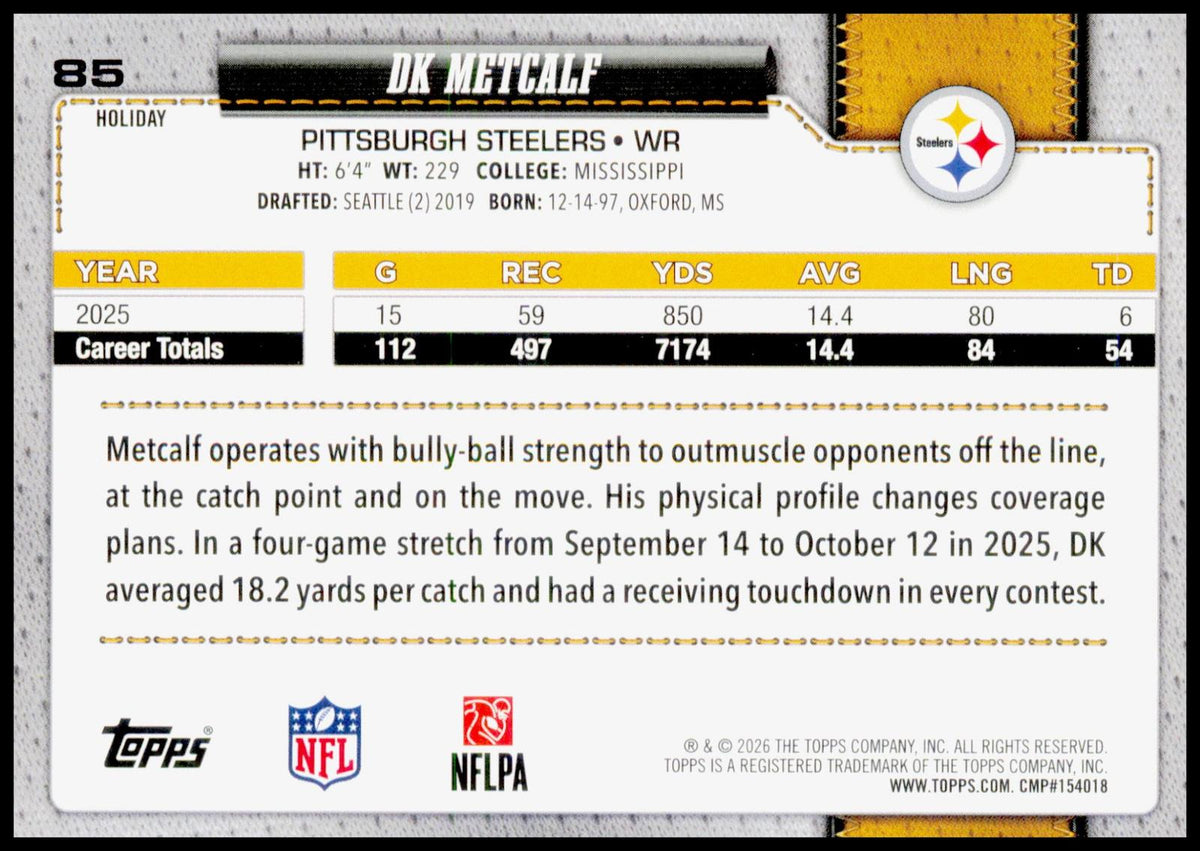 2026 Topps Holiday DK Metcalf #85 Pittsburgh Steelers WR