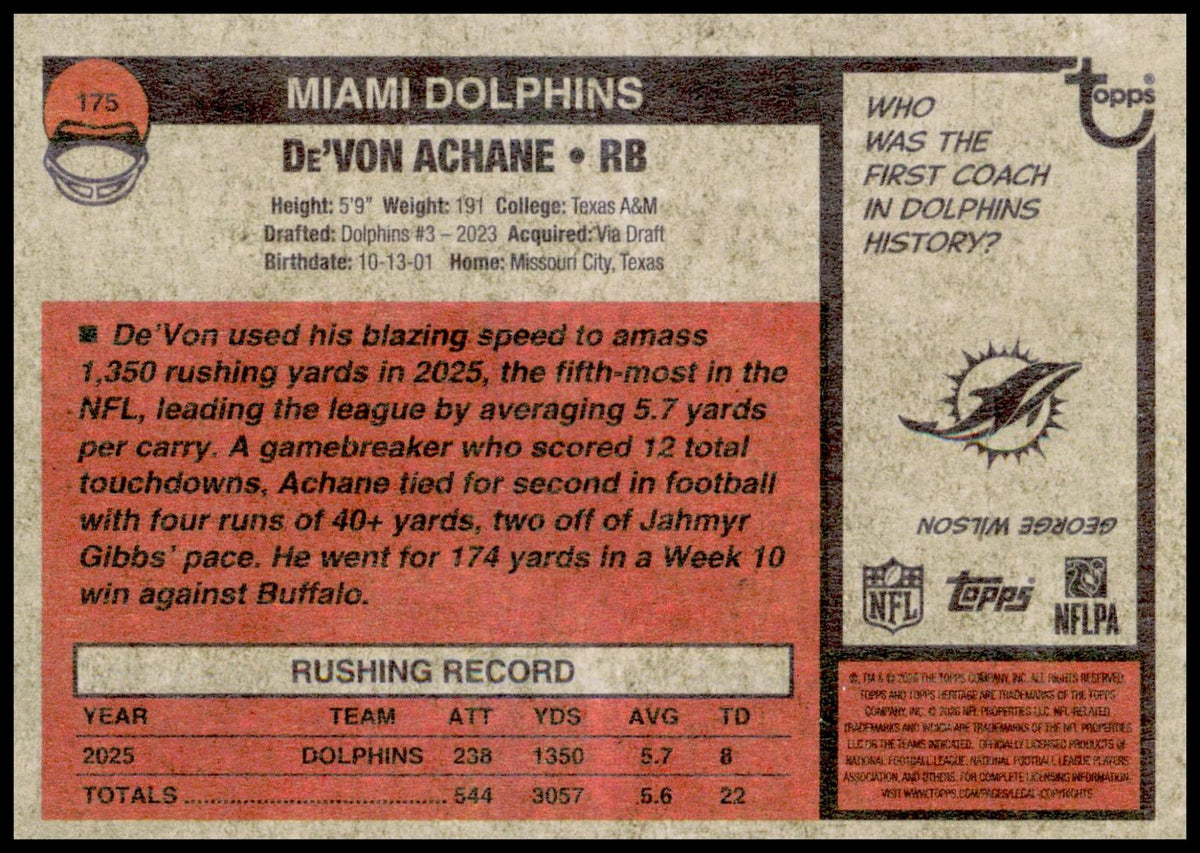2026 Topps Heritage De'Von Achane Card Miami Dolphins