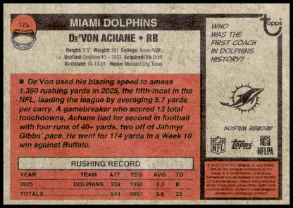 2026 Topps Heritage De'Von Achane Card Miami Dolphins