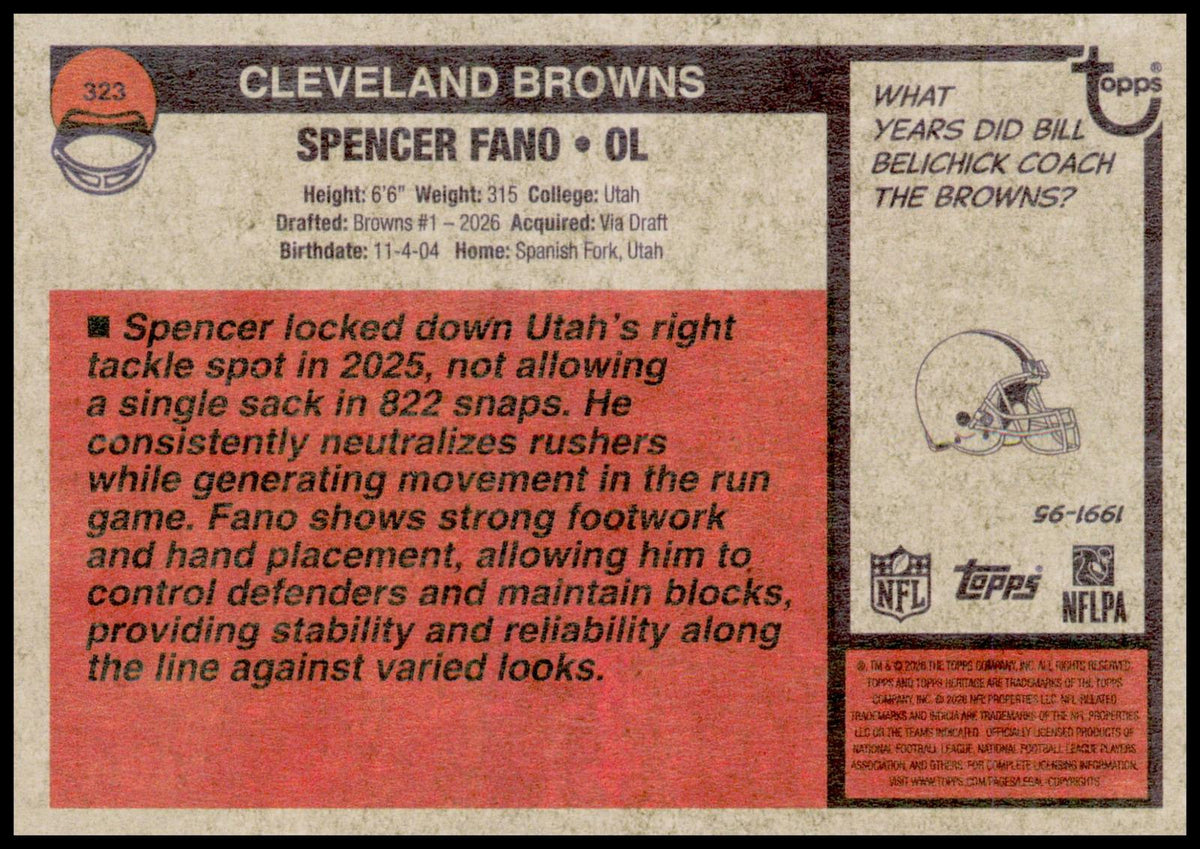 2026 Topps Heritage Spencer Fano Card Yellow Cleveland Browns