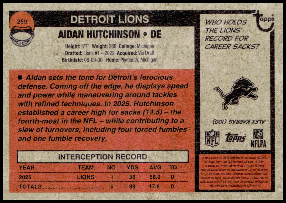 2026 Topps Heritage Aidan Hutchinson Card Detroit Lions