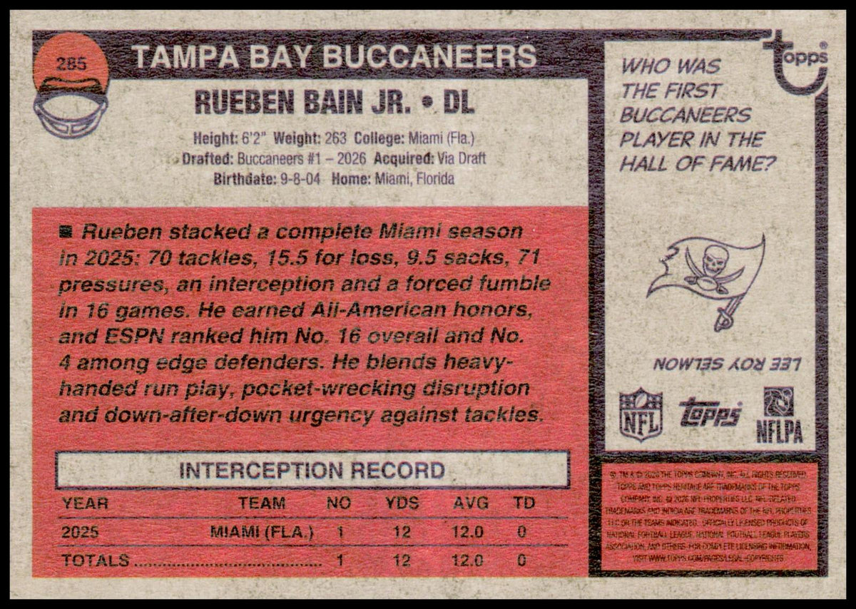 2026 Topps Heritage Rueben Bain Jr. Card RC Tampa Bay Buccaneers