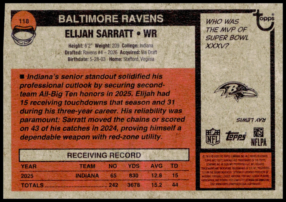 2026 Topps Heritage Elijah Sarratt Card RC Baltimore Ravens