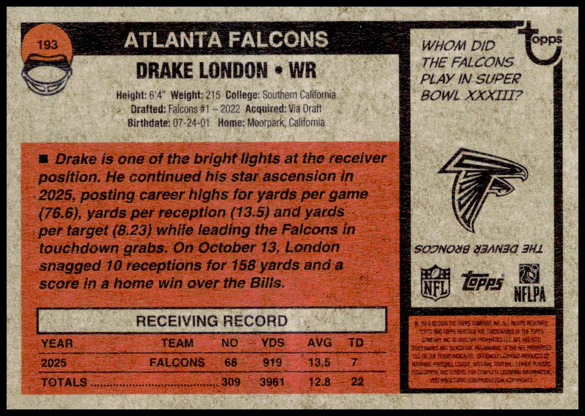 2026 Topps Heritage Drake London Card Atlanta Falcons
