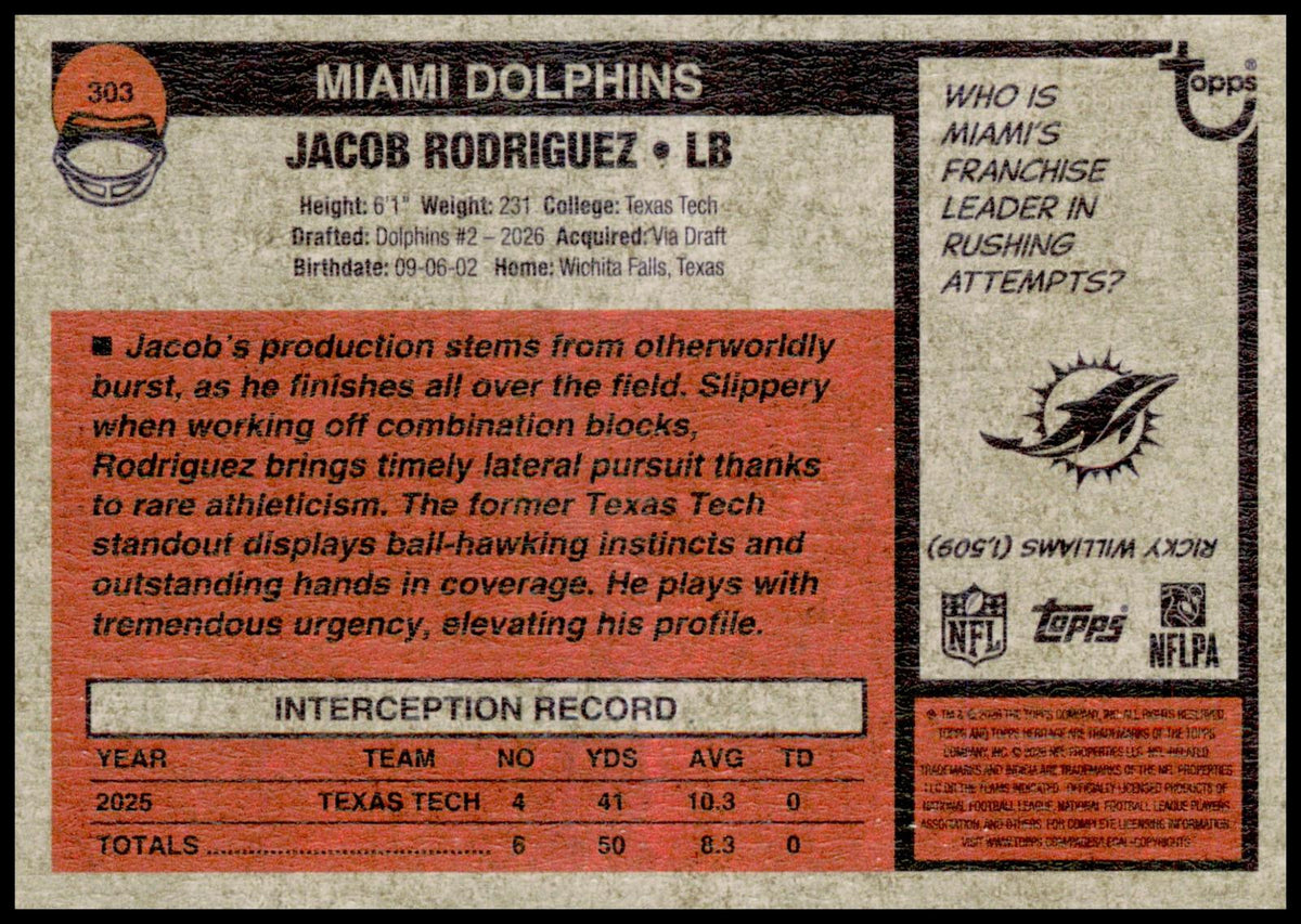 2026 Topps Heritage Jacob Rodriguez Card RC Miami Dolphins