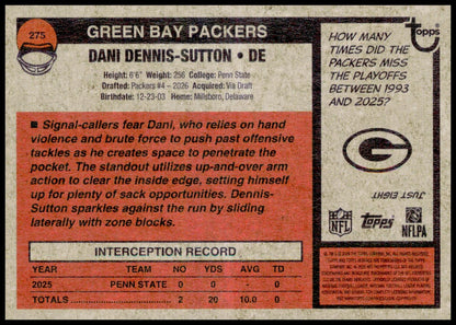 2026 Topps Heritage Dani Dennis-Sutton Card Dark Green Border RC Packers