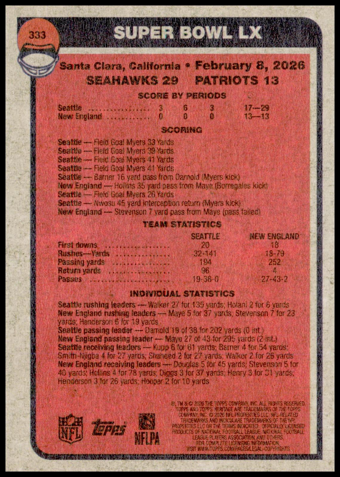 2026 Topps Heritage Super Bowl LX SBLX Card Seattle Seahawks