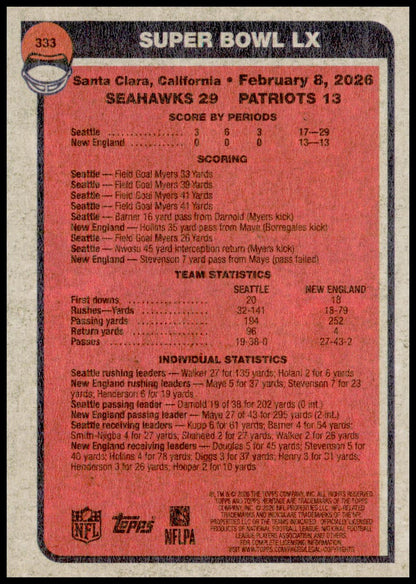 2026 Topps Heritage Super Bowl LX SBLX Card Seattle Seahawks