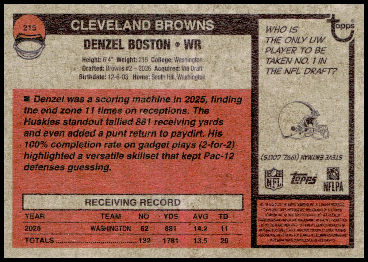 2026 Topps Heritage Denzel Boston Card RC Cleveland Browns