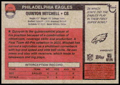 2026 Topps Heritage Quinyon Mitchell Card Philadelphia Eagles