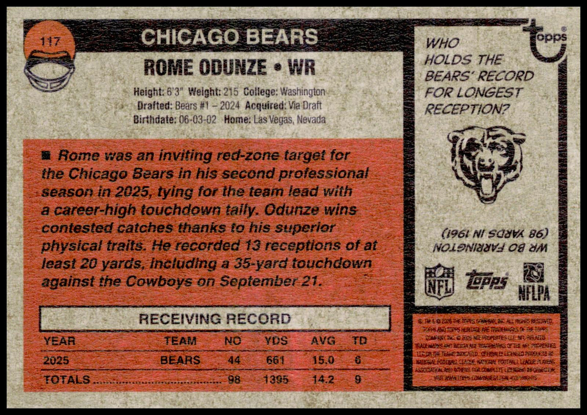 2026 Topps Heritage Rome Odunze Card Chicago Bears