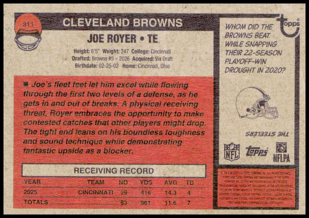 2026 Topps Heritage Joe Royer Card RC Cleveland Browns