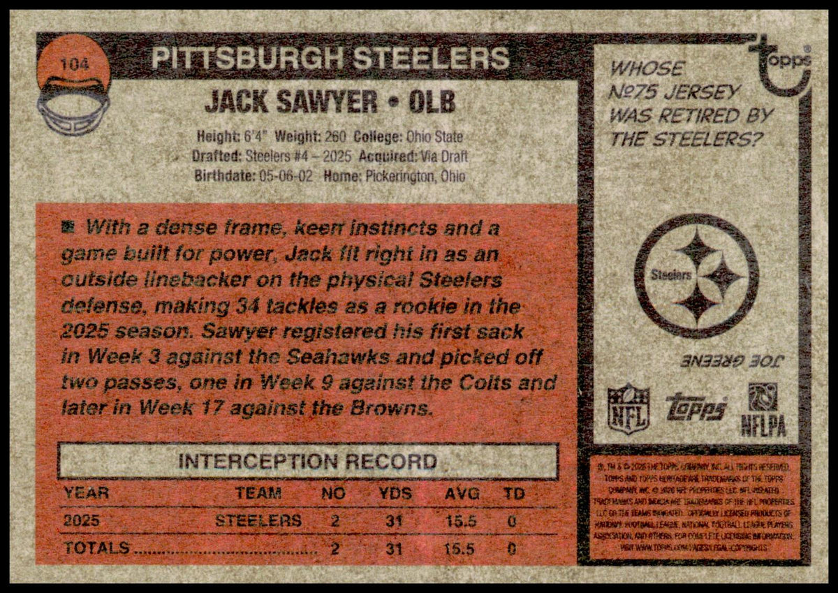 2026 Topps Heritage Jack Sawyer Card Dark Green Border Pittsburgh Steelers
